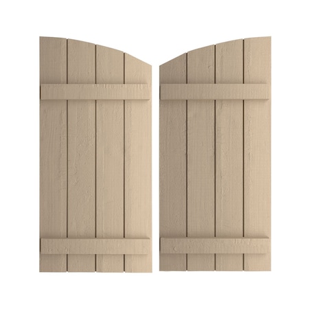 Rough Cedar 4 Board Joined Board-n-Batten W/Elliptical Top Faux Wood Shutters, 22W X 70H